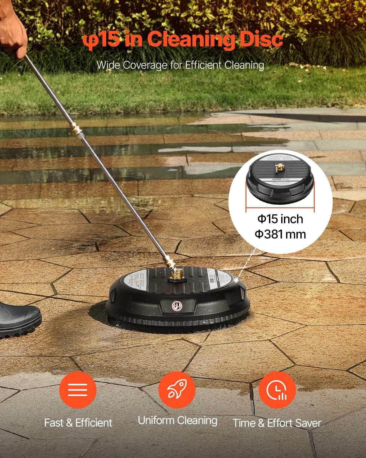 15" Pressure Washer Surface Cleaner - 3000 Max PSI Rotary Nozzle with 2 Extended Wands - Heavy Duty Plastic for Driveways, Decks & Concrete - Fits Most Power Washers