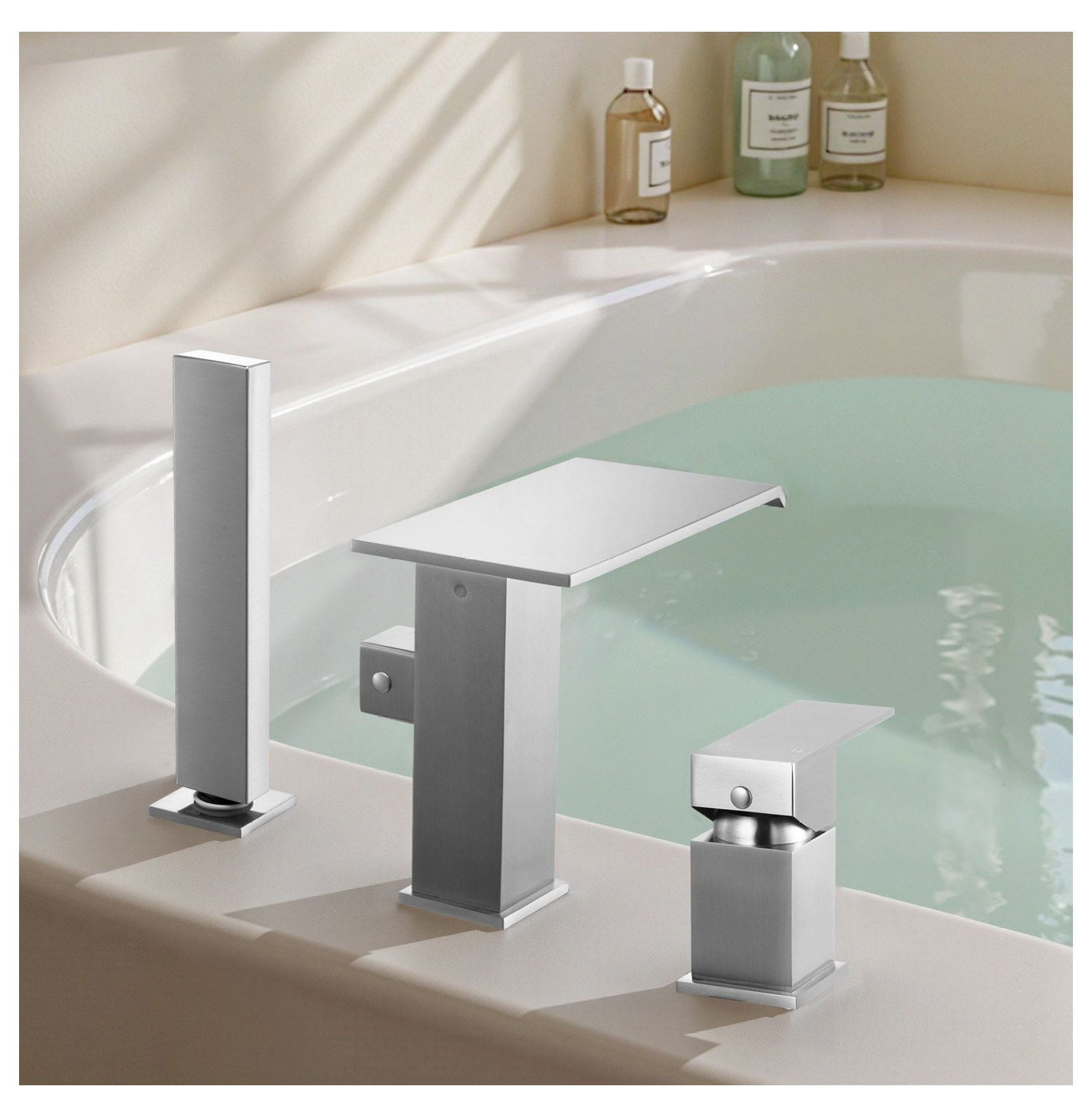 Roman Tub Faucet 3 Hole, Waterfall Bathtub Faucet with Shower, Deck Mount Tub Spout, Brushed Stainless Steel, Drip-Free, High Flow for Adult Bath