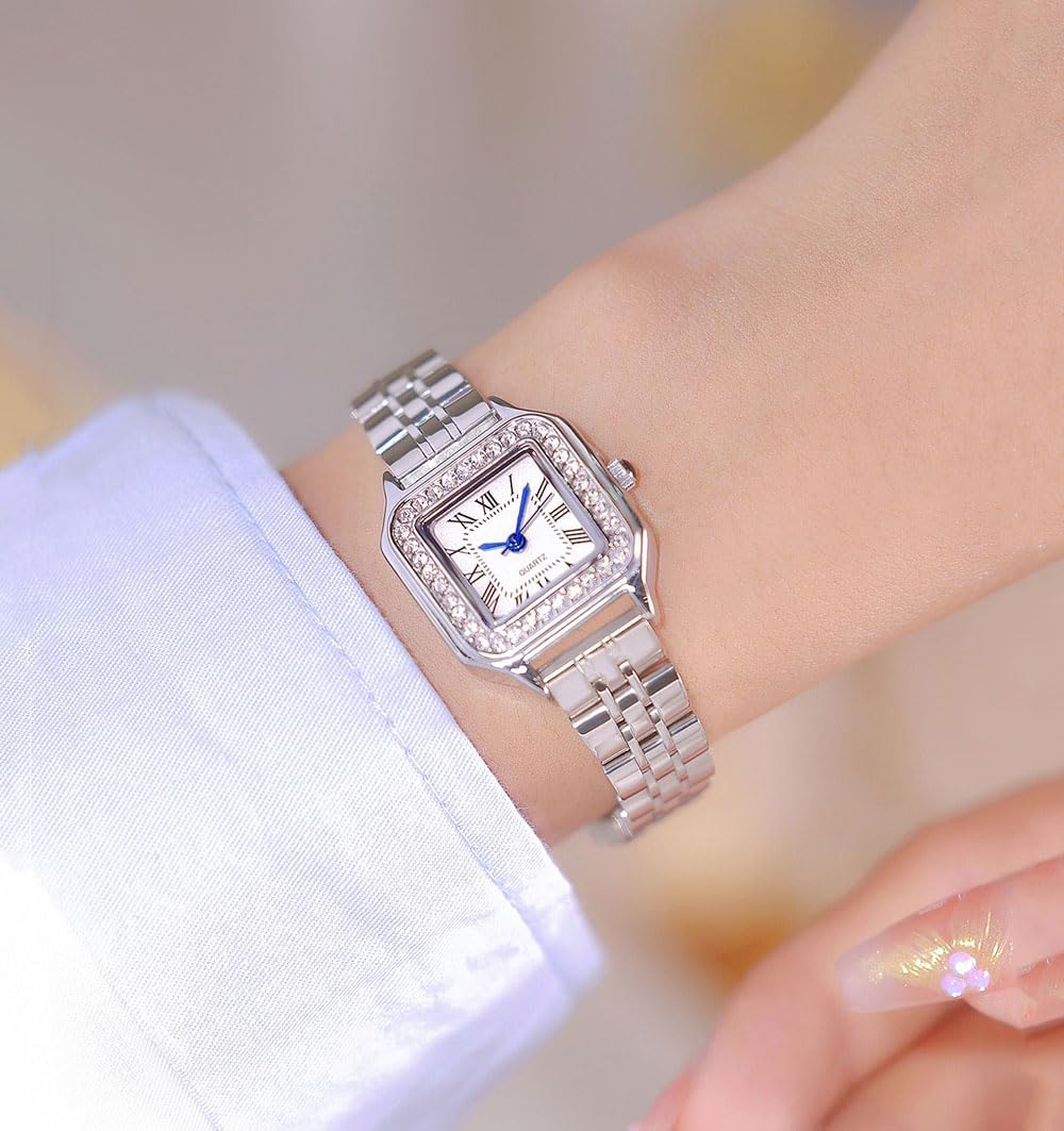 Gold Watches for Women Dainty Square Vintage Watches Luxury Ladies Diamond Accent Dress Stainless Steel Bracelet Watch Analog Quartz Waterproof Watch