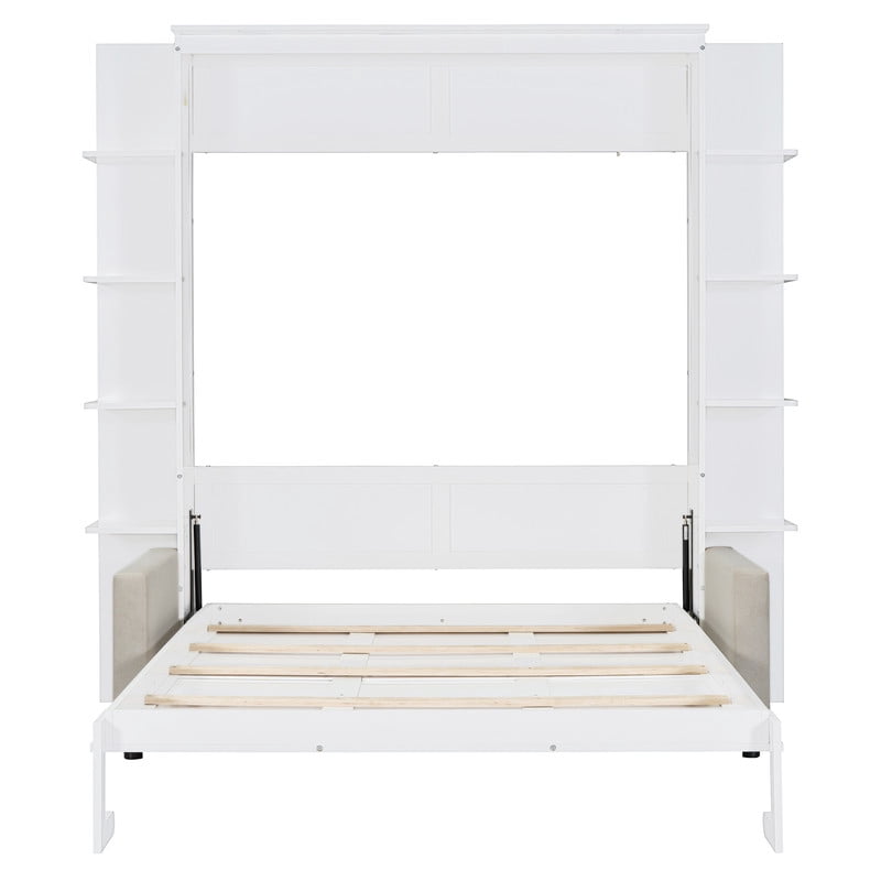 Queen Size Murphy Bed with Sofa, Wooden Wall Bed with Storage Shelves, Folding Platform Bed with Built-in LED Spotlights