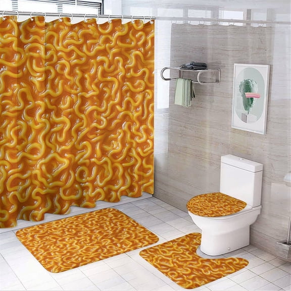4 Piece Bathroom Rug Set with Shower Curtain Noodles Funny Realistic Food with Non-Slip Rugs Toilet Lid Cover And Bath Mat Bathroom Decor Set Novelty Instant Noodles Bathroom Shower Curtains Sets