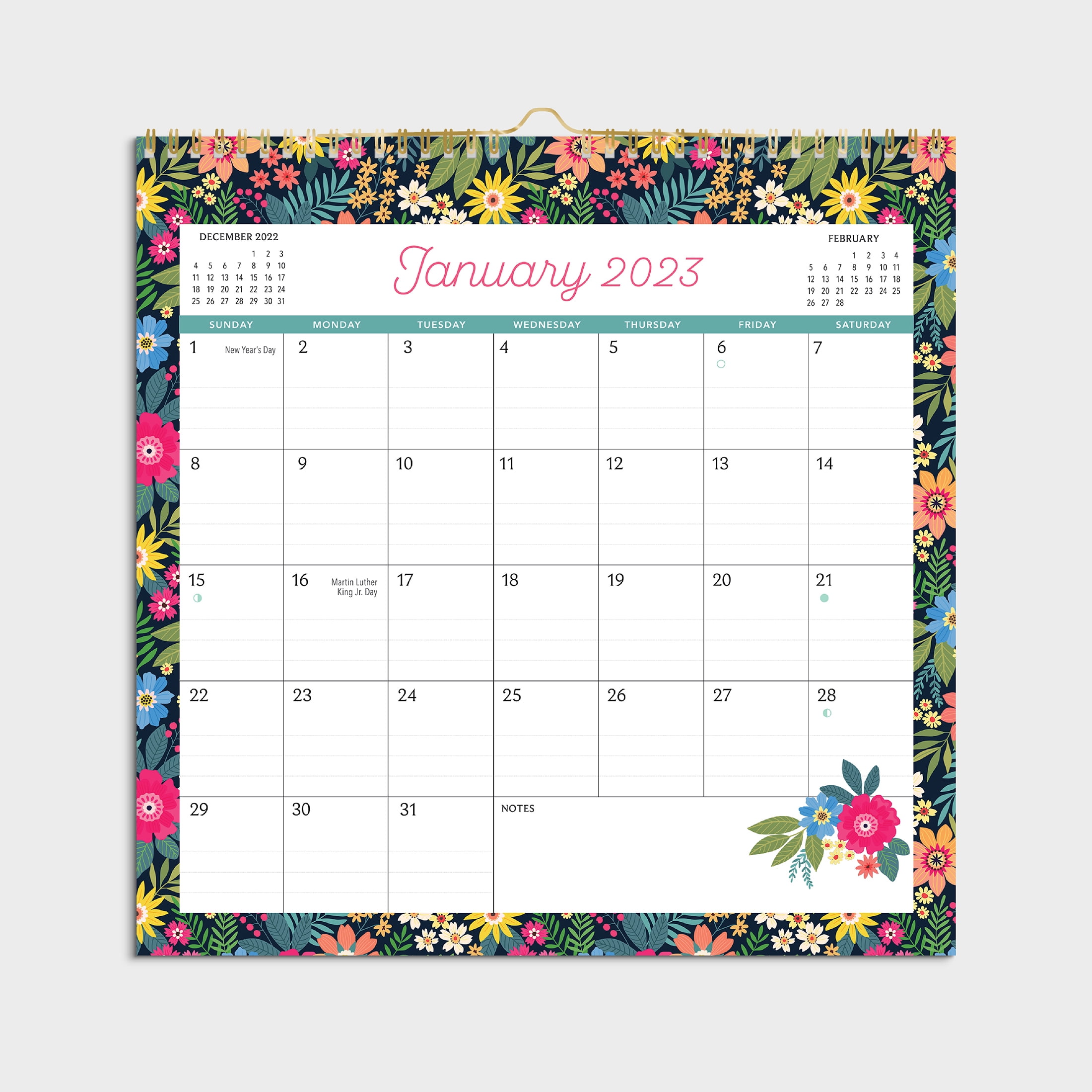 2023 -12 Month Calendar-Floral border- 12x12 Spiral bound-by Pen+Gear