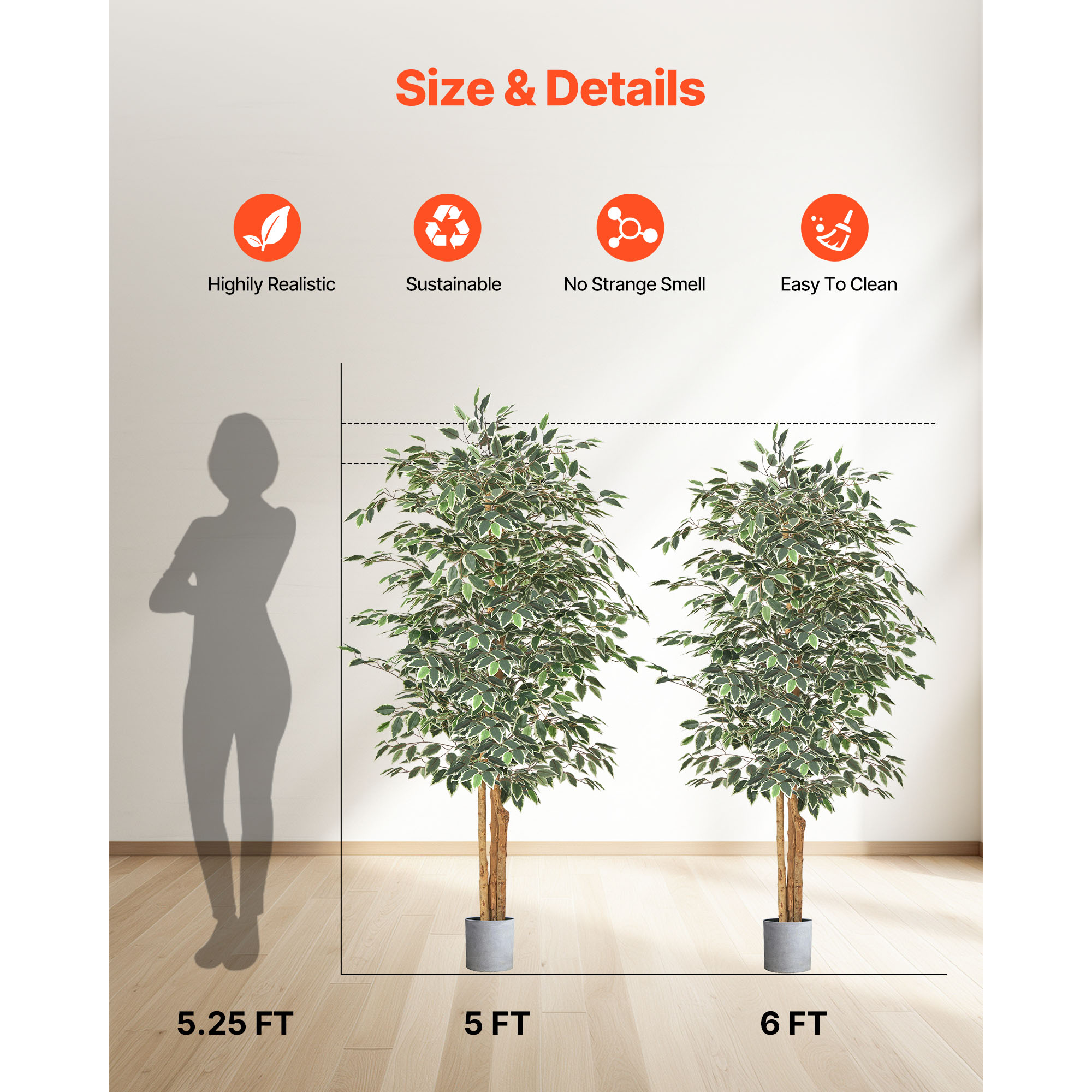 KFFKFF 6FT Artificial Ficus Tree with Black Pot, Tall Faux Plant Featuring Natural Wood Trunk and Lifelike Green Leaves, Ideal for Indoor Home, Office, Living Room, or Corner Decoration