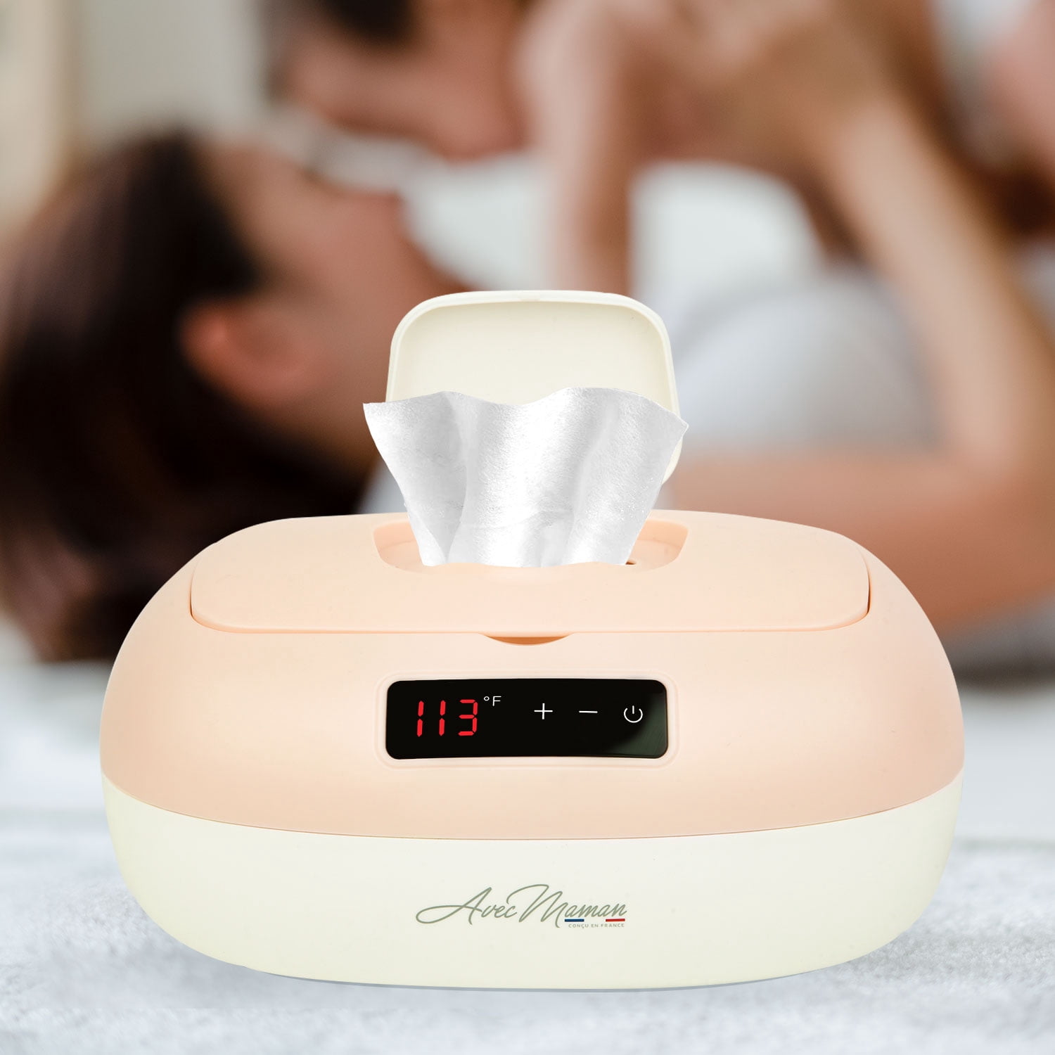 Avec Maman La Caresse Baby Wipe Warmer - New 2024 - Designed in France - Wet Wipe Dispenser - Adjustable Heat Settings Digital Display - Pink