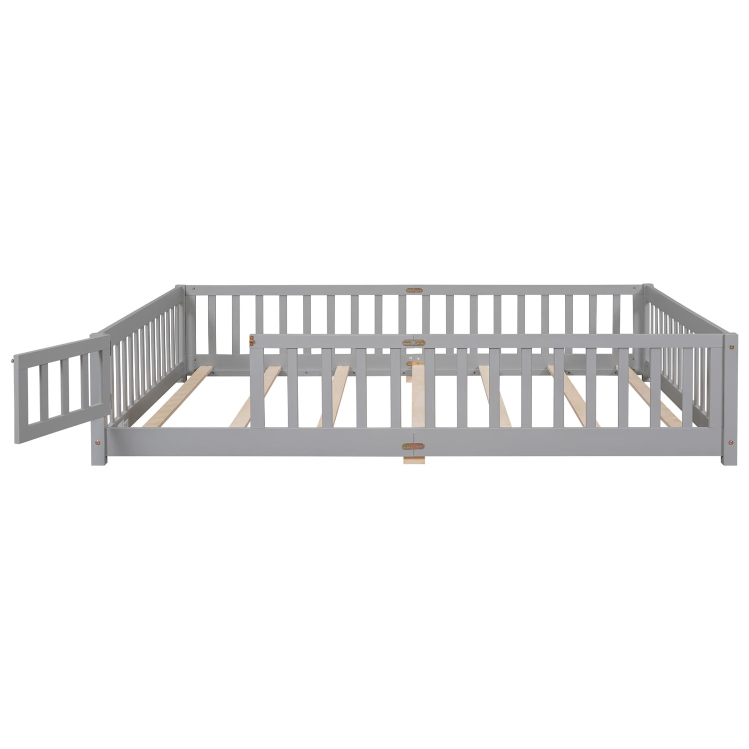 Queen Size Floor Bed, Solid Pine Wood Platform Bed Frame with Fence Guardrails & Door & Slats System, Multifunctional Floor Playpen Bed, Gray