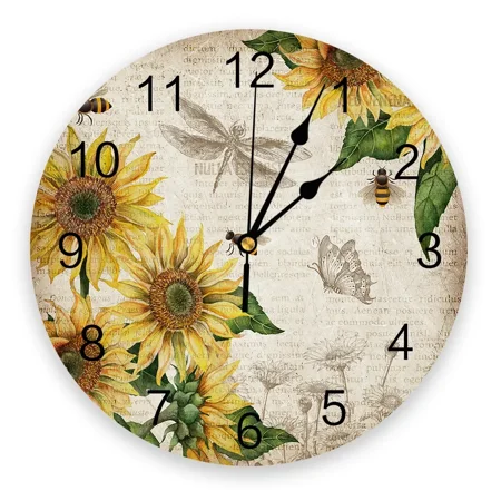 Vintage Old Newspaper Sunflower Dragonfly Butterfly Wall Clock Modern Design Hanging Watch for Home Decoration Living Room(14 Inch)