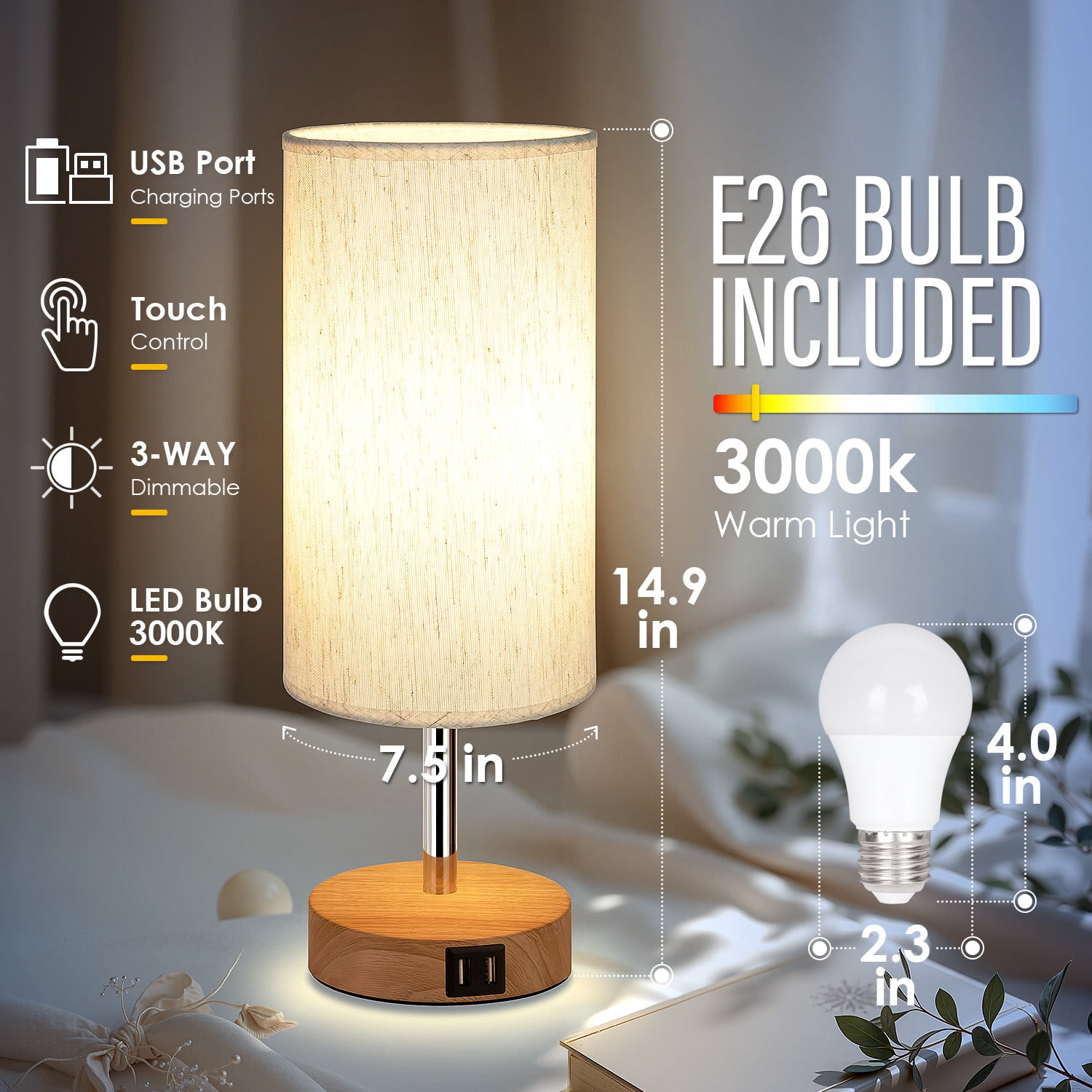 Bedside Lamps Set of 2 with USB Charging Ports - Touch Control Table Lamp for Bedroom Wood 3 Way Dimmable Nightstand Lamp with Round Flaxen Fabric Shade for Living Room,Dorm,Office