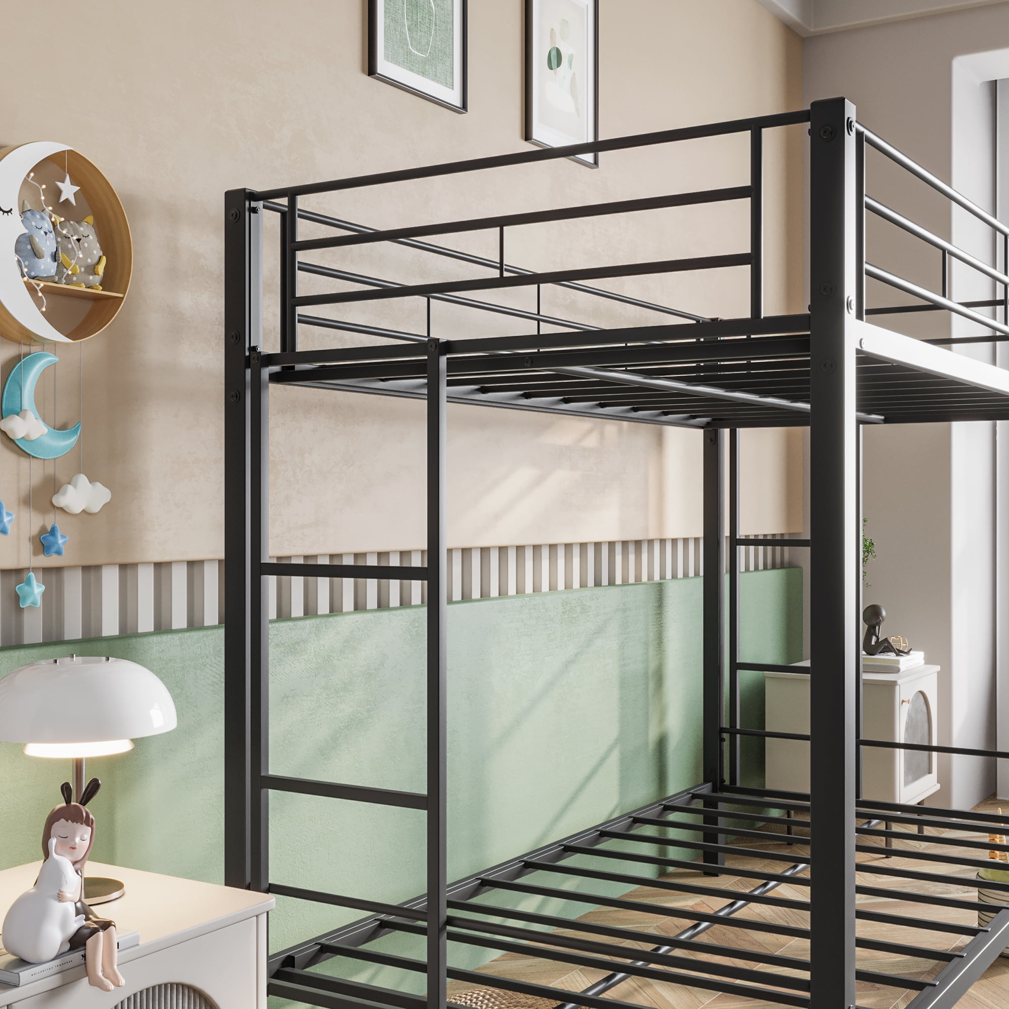 MAYEERTY Black Twin-over-Twin Metal Bunk Bed: Heavy-Duty with Shelf, No Box Spring Needed​