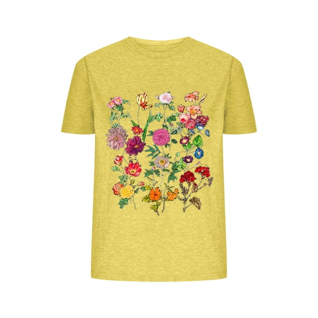 Blusas de Verano de las Mujeres Flor Impresa Cuello Redondo Manga Corta Superior, Verano Superior de las Mujeres