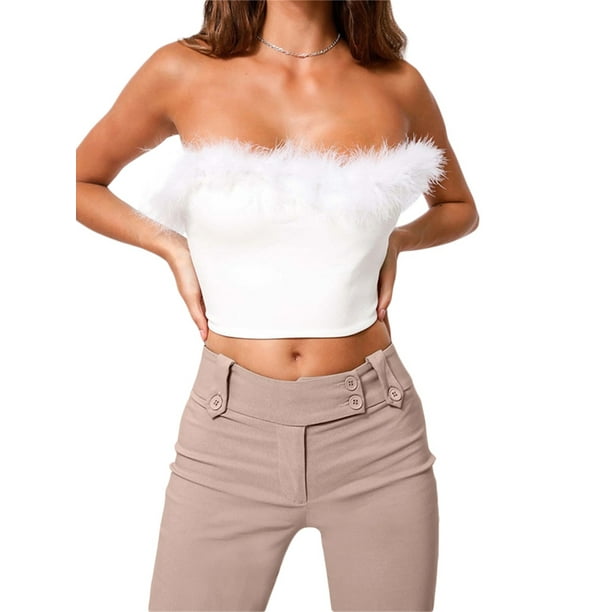 Gupgi Women White Feather Tube Top Strapless Slim Fit Crop Top