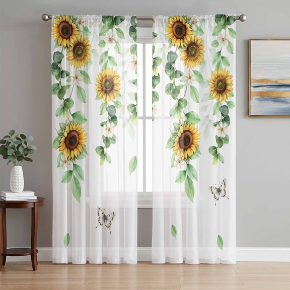 Sunflower Sheer Curtains 96 Inch Length 2 Panels Set, Butterfly Flowers Green Leaf Watercolor White Voile Window Treatment Semi Sheer Long Curtains Drapes for Bedroom/Living Room/Kitchen 52"x96"x2