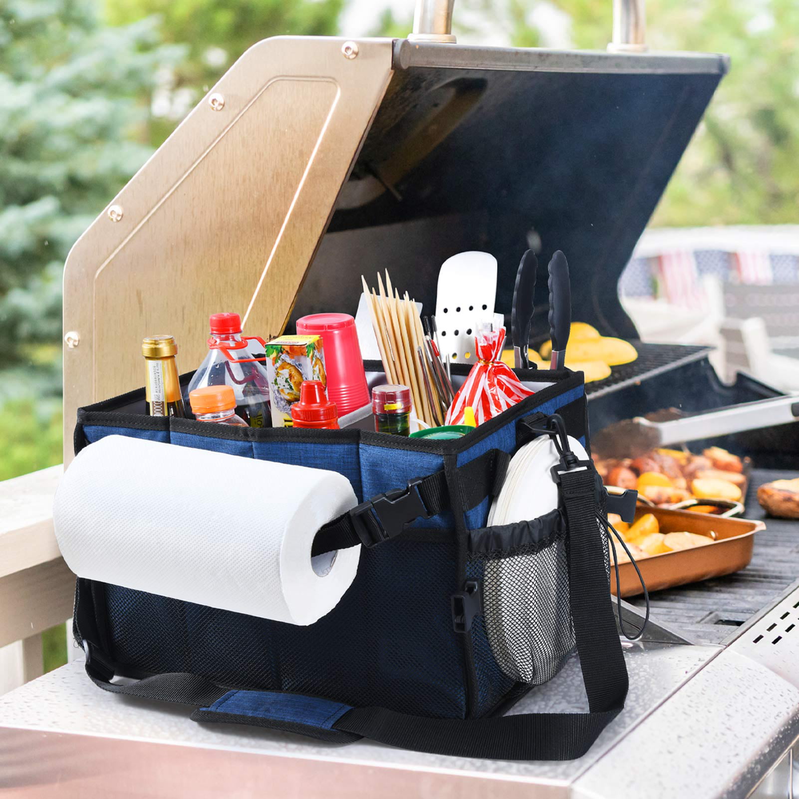 Grill Caddy BBQ Caddy with Paper Towel Holder Kitchen Organization Outdoor Camping Condiment Picnic Accessories Storage Organizer Easy to Disassemble