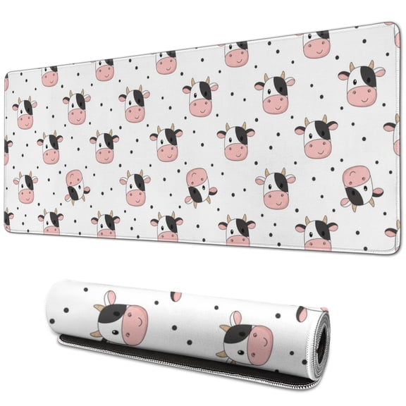 Long Mouse Pads for Desk,White Cow Head Dot Pattern Desk Mats on Top Of Desks, Desk Mouse Pad Extra Large with 3mm Non-Slip Base and Stitched Edge for Gaming,Office,Work,Home 31.5"x11.8"