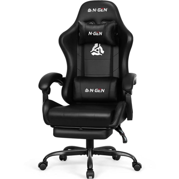 N-GEN GAMING Video Gaming Chair with Footrest Lumbar Support for Home Office High Back Recliner Height Adjustable Ergonomic Comfy Leather Computer Desk Chair (Carbon Black)