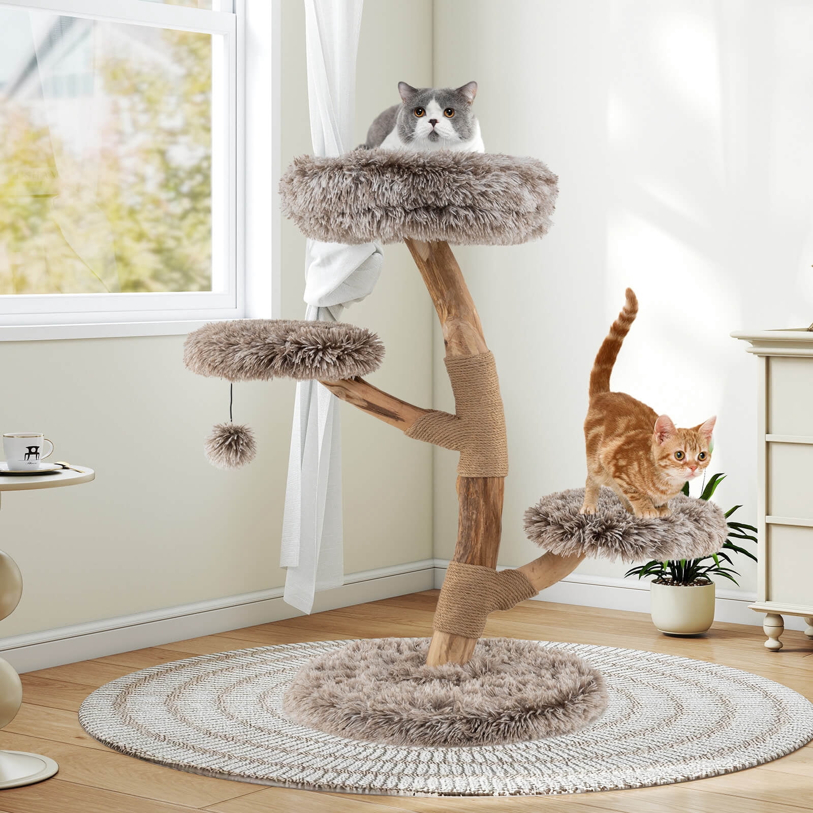 Costway Modern Cat Tree with Pear Wood Trunks Scratching Posts Soft Long Plush Fabric