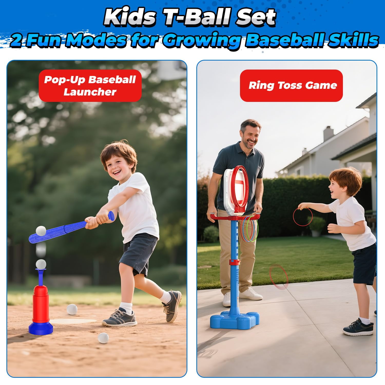 Lenbar 4-in-1 Toddler Basketball Hoop and T-Ball Set with Ring Toss Game, Adjustable Height, Indoor Outdoor Sports Toy for Boys and Girls Ages 3-8