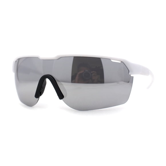 Lunettes de Soleil Sport Enveloppantes Classiques des Années 90 pour Hommes à Demi-Cerclage en Plastique Blanc Argenté Miroir