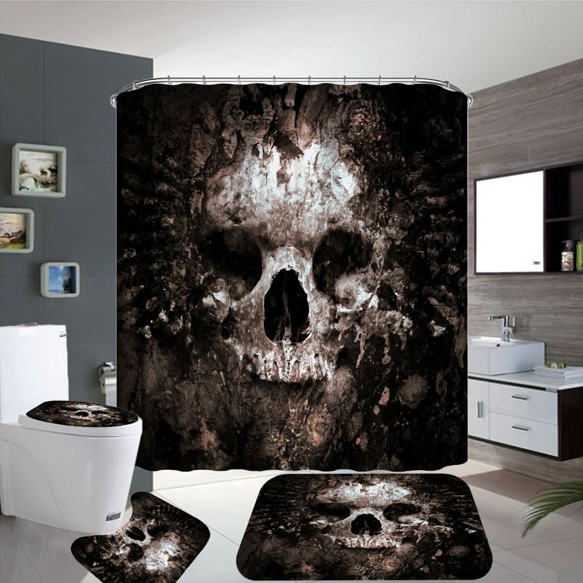 Details about   4pcs Skull Bathroom Set Shower Curtain Toilet Seat Cover Bath Mat Non-Slip 