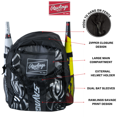 thumbnail image 4 of Rawlings Savage Youth Baseball Bat Bag for Kids- Durable Baseball Backpack for Boys – Holds Two Bats – Hook to Hang on Fence - Available in 6 Colors, 4 of 5