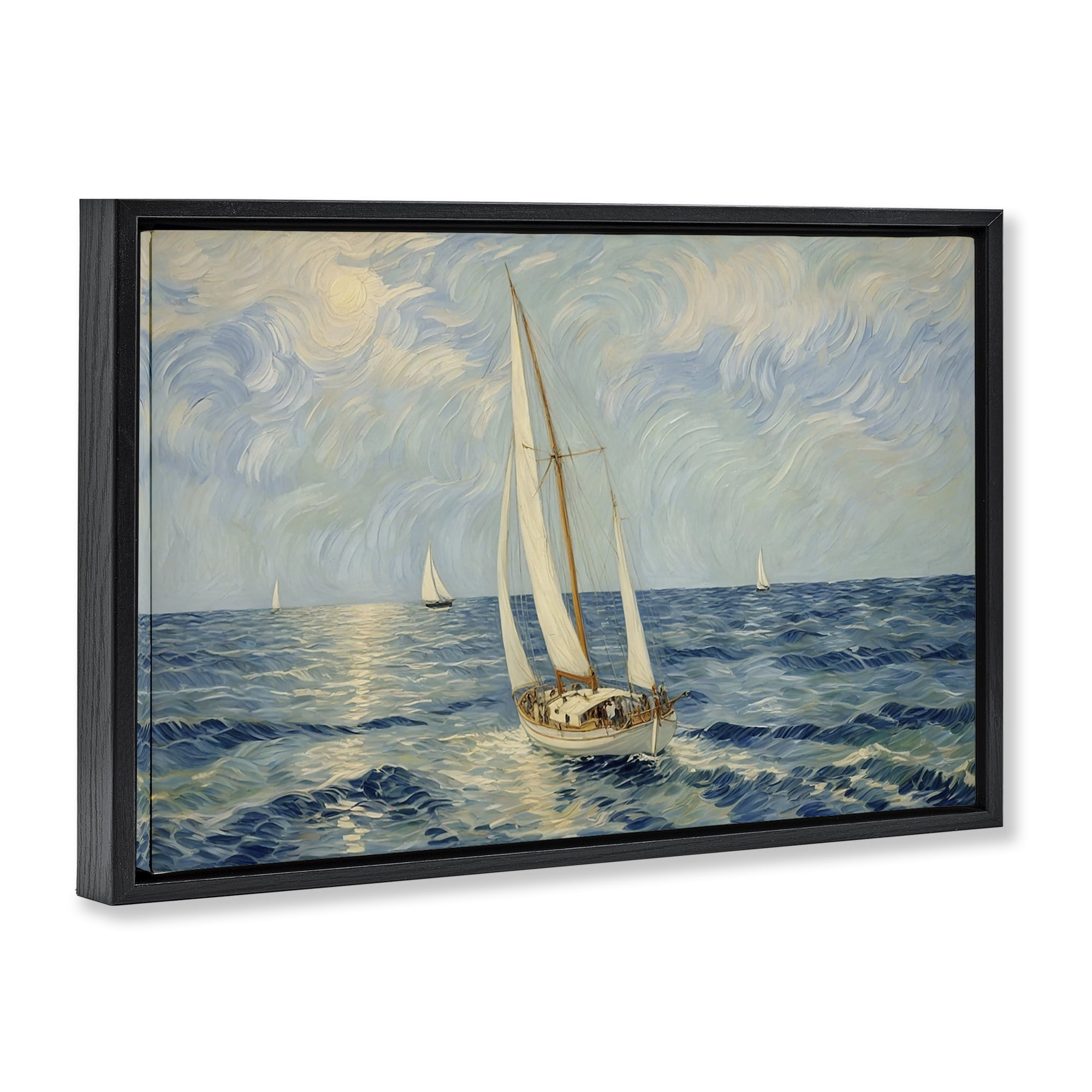 Stupell Industries Sailing Yacht on Blue Sea Black Framed Floater Canvas Wall Art, design by Angie Hawke