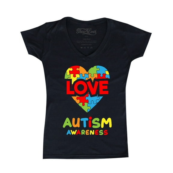 Shop4Ever Women's Love Puzzle Heart Autism Awareness Slim Fit V-Neck T-Shirt Large Black