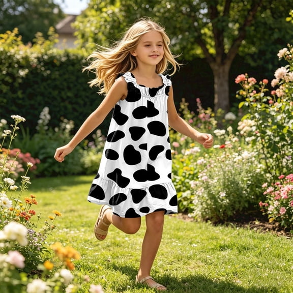 Girls Dresses Cow Print Ruffle Hem Spaghetti Strap Square Neck Casual Dress Summer Cute Size 5-6Y