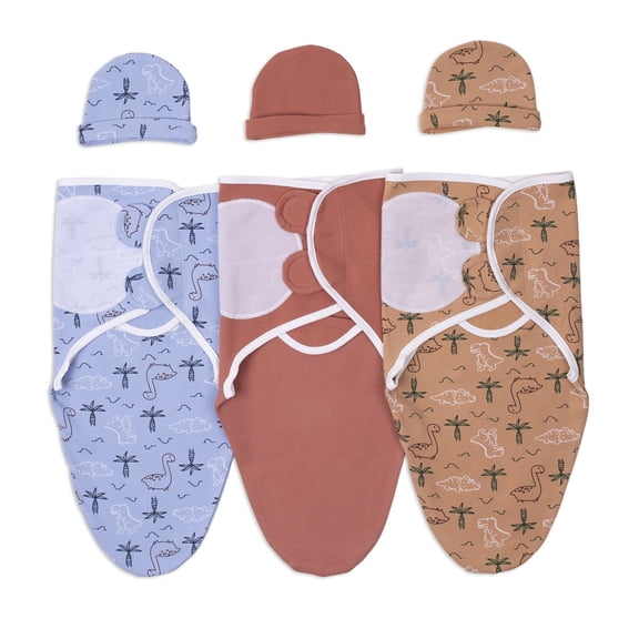 3 Pack Soft Cotton Dinosaur Print Baby Swaddle Wrap with Matching Hat, Adjustable Stretch Skin Friendly Newborn Swaddle Sleep Sack Receiving Blanket for 0-3 Months Baby Boys Girls