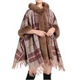 thumbnail image 2 of Xfvqtps Women Cape Faux Fur Collar and Cuff Tassel Hem Cloak Plaid Open Front Loose Large Size Thickened Windproof Coldproof Warm Winter Long Coat Khaki, 2 of 7