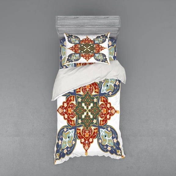 Oriental Duvet Cover Set, Turkish Ottoman Eastern Design Flowers Moroccan Image, Bedding Set with Shams and Fitted Sheet, 3 Sizes, by Ambesonne