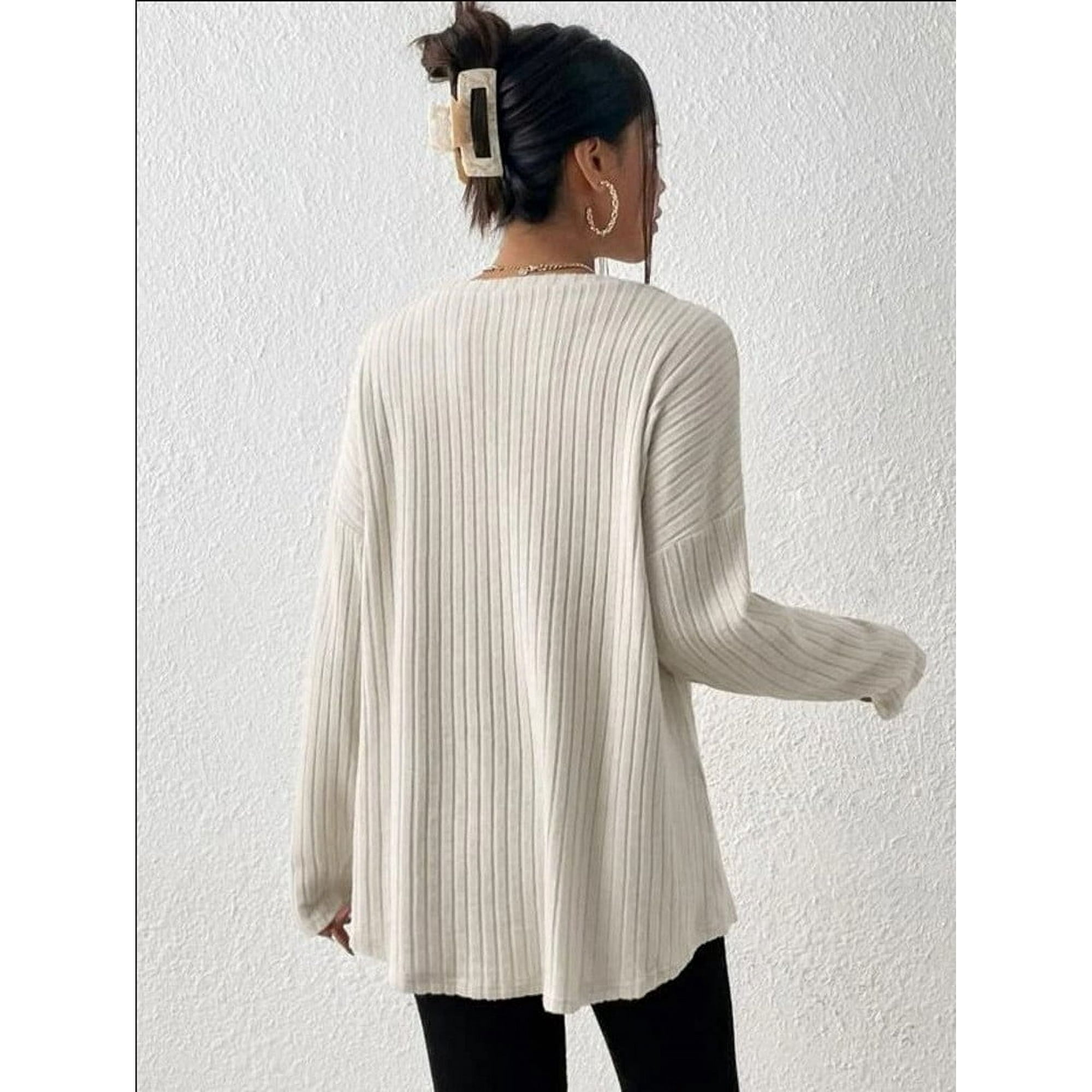 Womens Solid Color Tunic Tops Long Sleeve Crewneck Sweatshirt Knit High Low Curved Hem T-Shirts Casual Loose Pullover