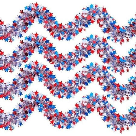 65 Feet 4th of July Garland Memorial Day USA Patriotic Red White Blue Independence Day Tinsel Metallic Tree Car Golf Cart Parade Float Decor Trailer Bike Outdoor Summer Glitter Star Garlands
