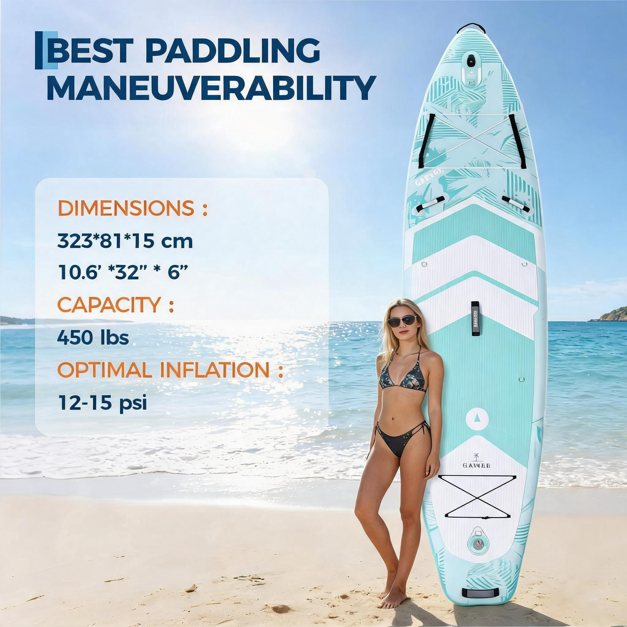 10'7" x 32" x 6" Inflatable Stand Up Paddle Board with Wide Stable Design for All Skill Levels, 450LB High Weight Capacity for Beginners, Large Paddle with Camera Mount