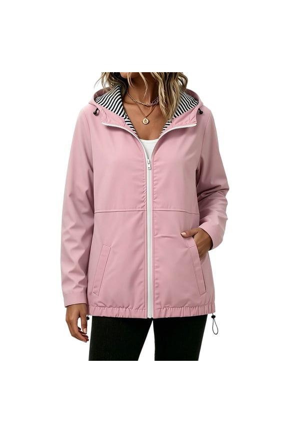 Rain Jacket Women Waterproof Windbreaker Jackets Lightweight Hooded with Striped Lining Full Zip Drawstring Hem Casual Outerwear