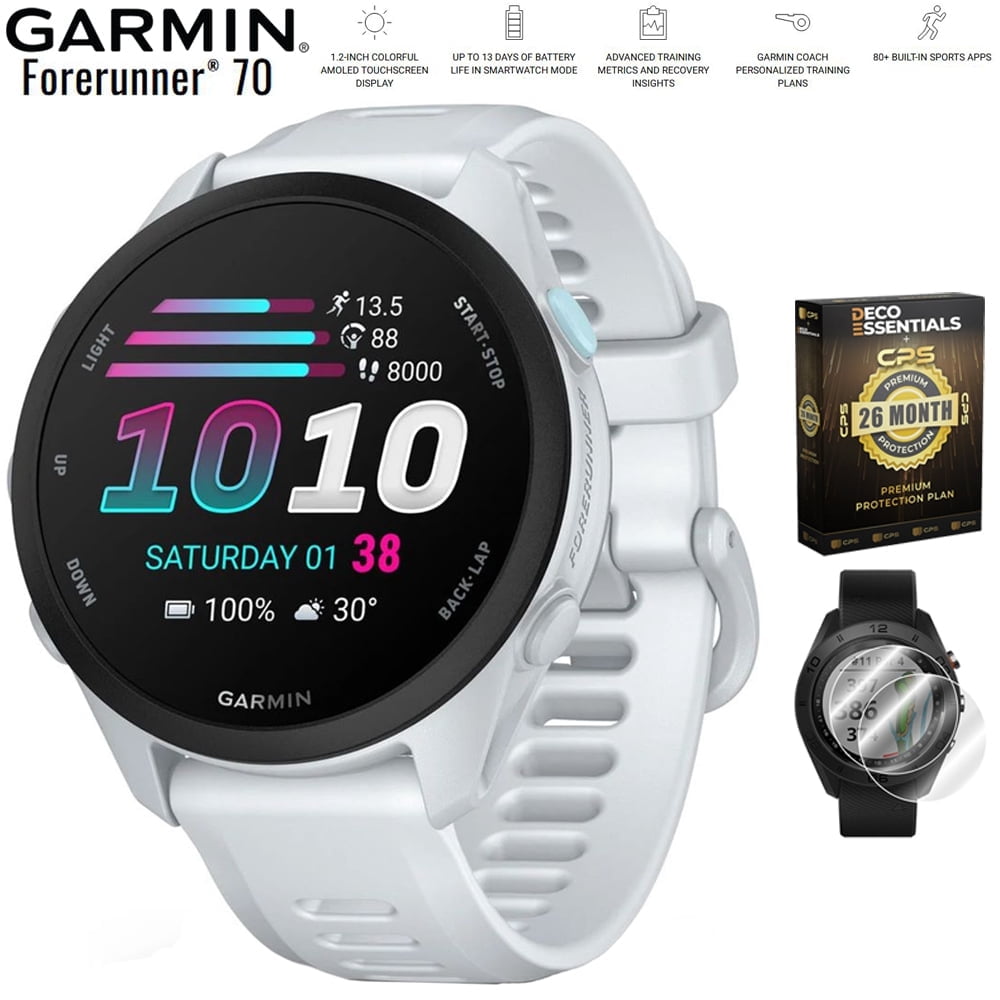 Garmin Forerunner 70 Whitestone 010-04307-01 Bundle with Deco Essentials Exclusive 26 Month CPS Enhanced Protection Pack and Deco Essentials 2-Pack Screen Protector