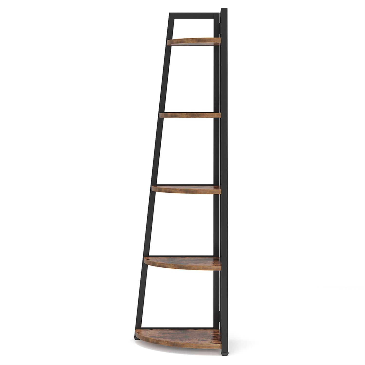 Demi Bonn 5-Tier Corner Bookshelf, Wood and Metal Bookcase Storage Organizer, 70" Tall Display Standing Shelf Unit for Bedroom, Living Room, Brown
