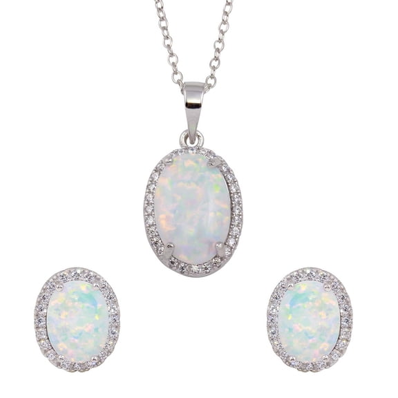 White Synthetic Opal Cubic Zirconia Oval Necklace and Earrings Set Sterling Silver