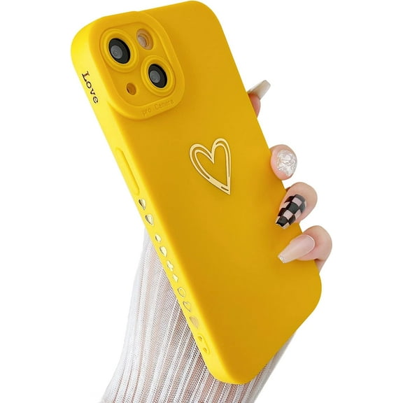 Compatible with iPhone 13 Mini Case for Women, Bronzing Luxury Heart Phone Case Cute Side Small Pattern Soft TPU Shockproof Full Camera Lens Protective Cover for iPhone 13 Mini (Yellow)
