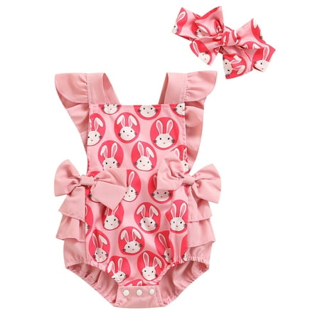 

Newborn Girl Romper Outfits Fly Sleeve Cartoon Rabbit Printed Ruffles Decor Bow-Knot Decor Playsuit Cute Headband Set 0-3 Months