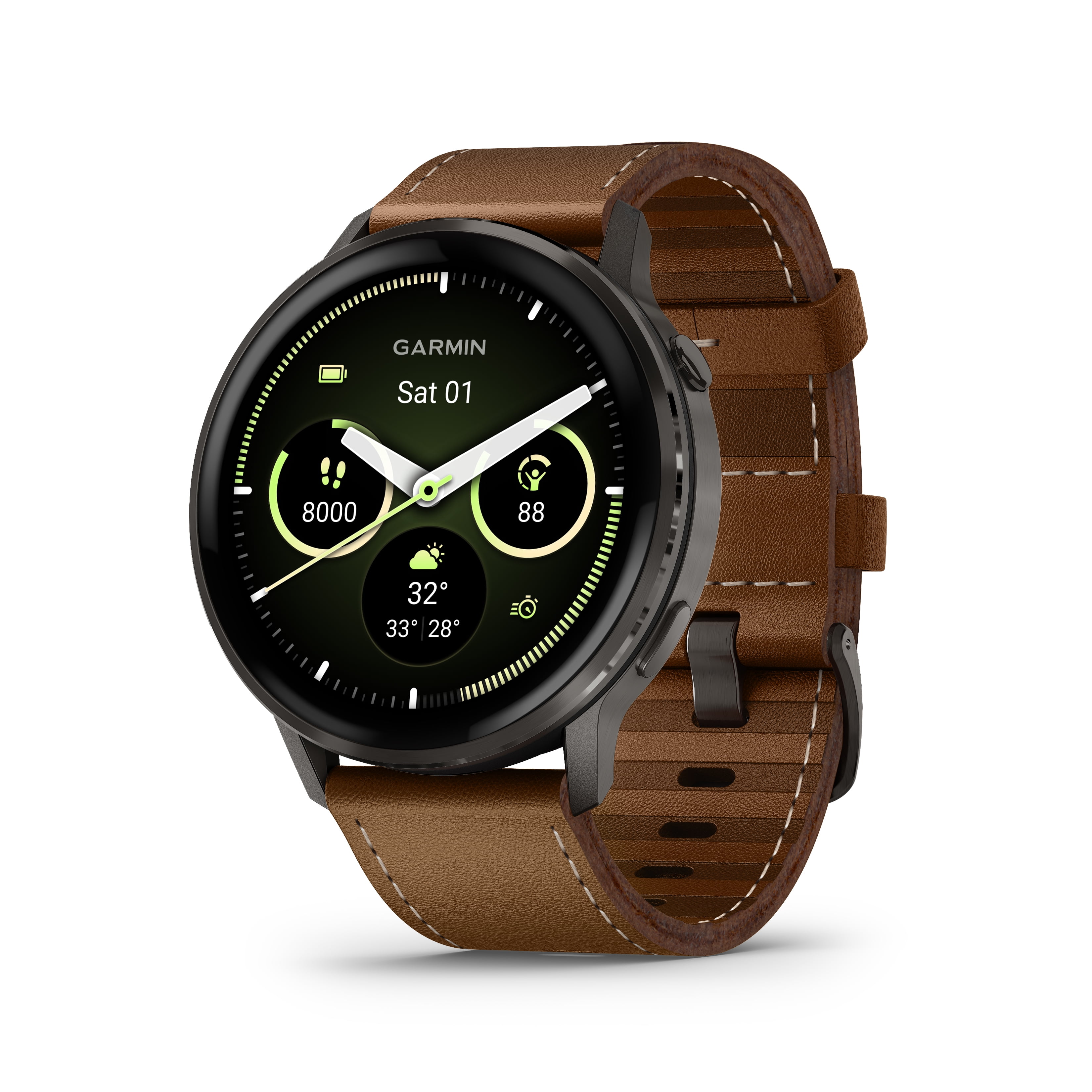 Garmin Venu 4 GPS Smartwatch - 45mm Slate with Black Silicone Band and Brown Leather Band