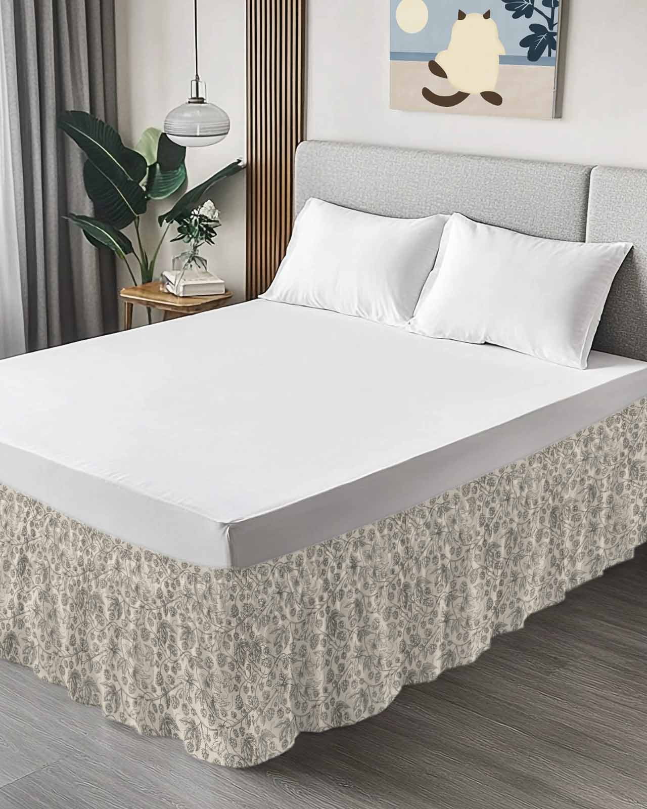 Vintage Plants Flowers Bed Skirt Queen Size 18 Inch Drop, Floral Thread Texture Adjustable Elastic Dust Ruffles Bedskirt for Queen Bed Wrap Around Pleated Mattress Frame Cover