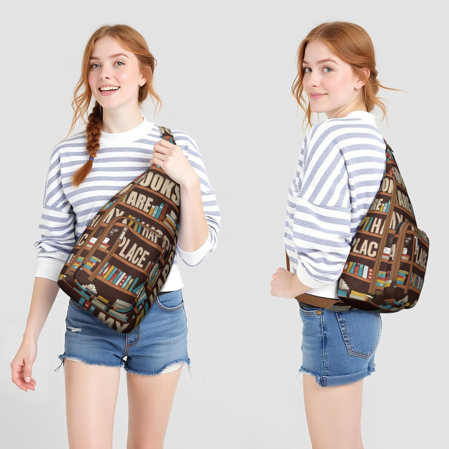 Book Lover's Crossbody Sling Bag - Waterproof Lightweight Chest Pack with Bookshelf Print Design, Perfect Reading Companion for Travel & Daily Use (Born to Read Inspired)