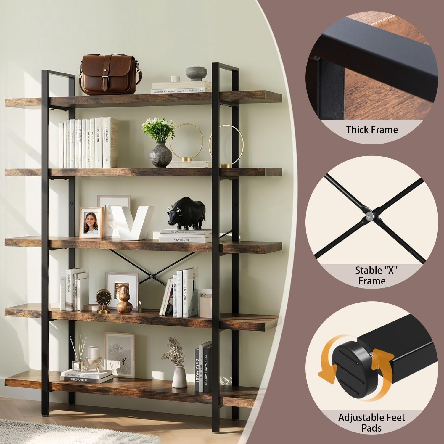 5-Tier Industrial Bookcase, 47 Inch Wide Wood Bookshelf, 120lbs Shelf Capacity, Rustic Open Shelving Heavy Duty Display with Reinforced Horizontal Brown Shelves for Living Room Bedroom Office