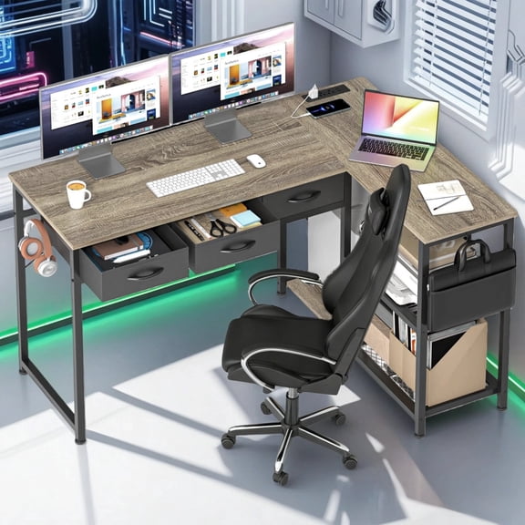 Gaming Desk, 51" L Shaped Computer Desk, Reversible with Storage Drawers for Home Office, Gray