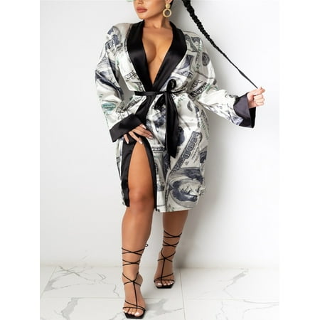 

Licupiee Women Satin Robe Bridal Dressing Gown Wedding Bride Bridesmaid Kimono Sleepwear Dollar Print with Belt