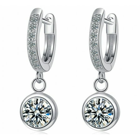 Elegant Round Zirconia Hoop Earrings 14k White Gold Plated Dangle Earrings