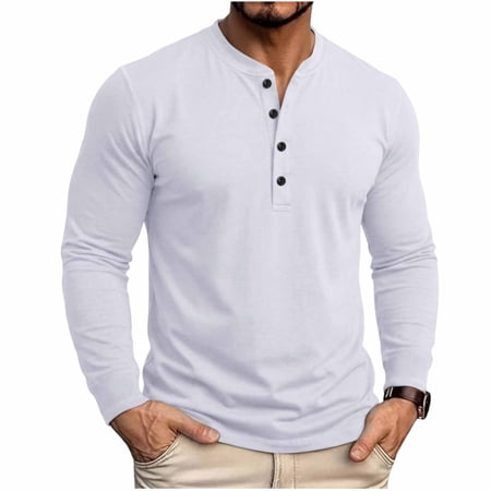 Hurxie Men s Cotton Henley Shirts Long Sleeve T-Shirt Stylish Casual 4 Button Placket Slim Fit Tee Thermal Underwear White 2XL