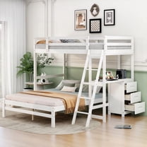 Twin over Full Bunk Bed with Desk & Drawers (White), Solid Pine & MDF, 2 Beds in One