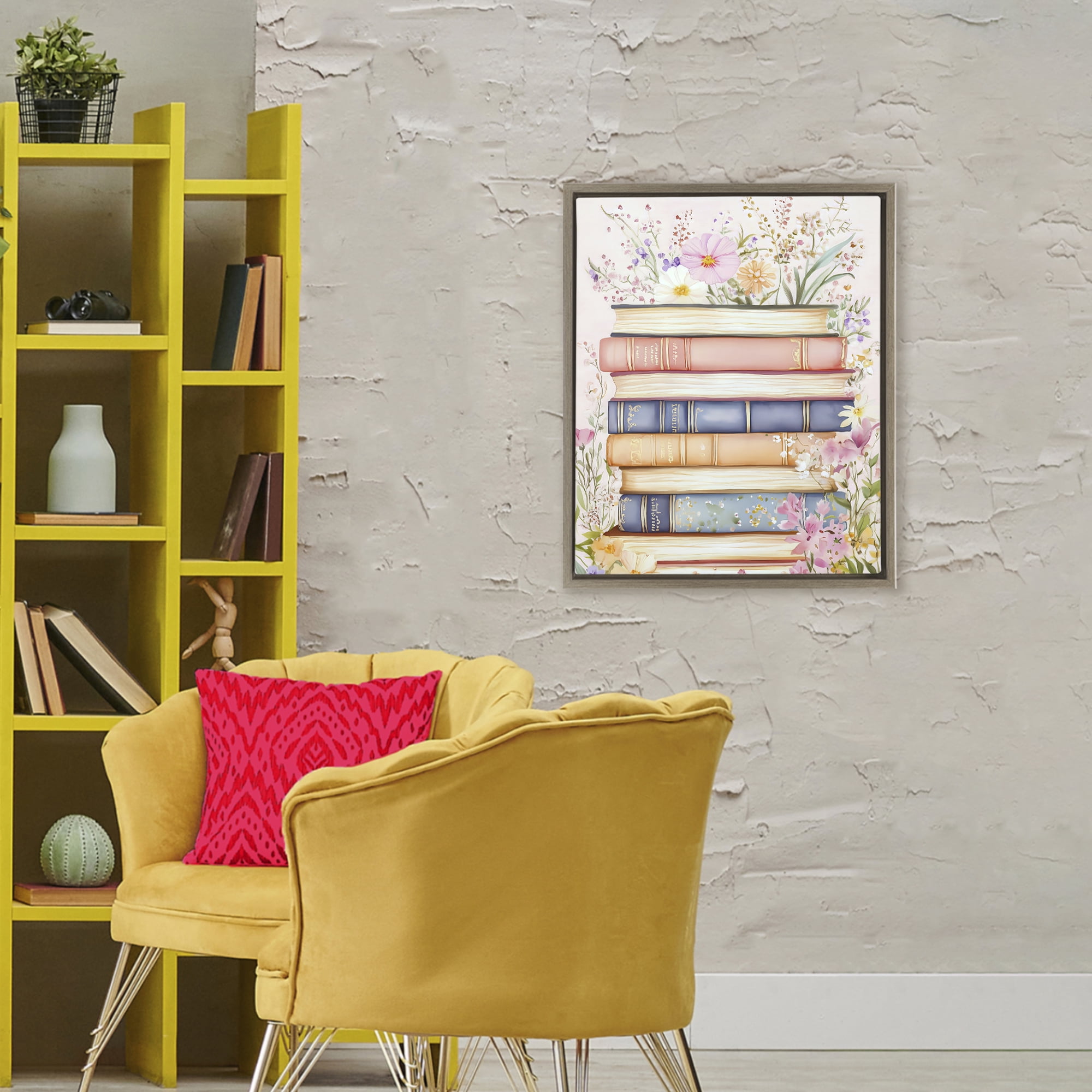 Stupell Industries Blooming Bookstack in Pastels Brown Framed Floater Canvas Wall Art, design by LSR Design Studio