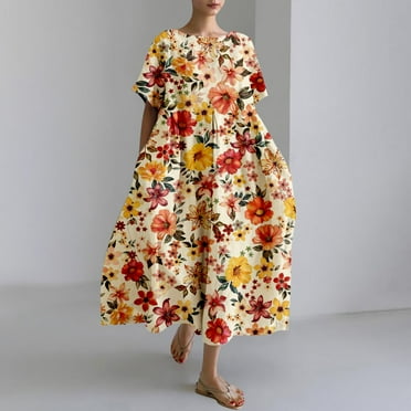HCURIBAD Clearance! Date Night Outfit, Women's Retro Botanical Floral Design Printed Casual Loose Dress with Pocket, Women's Casual Dress, Floral Dress for Women, Midi Dress Yellow L