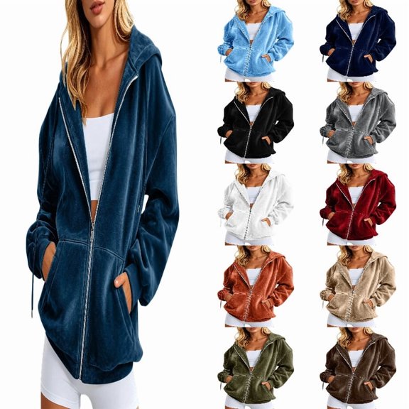 MDUKONU Womens Velvet Zip Up Hoodie Long Sleeve Oversized Hooded Sweatshirt Fleece Fall Velour Y2K Jackets With Pockets Size: XXXL Blue